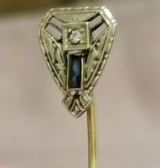 Antique Art Deco Diamond & Sapphire 14k Gold Stick Pin