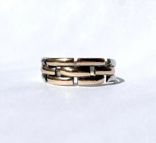 Vintage Sterling Silver & 10k Rose Gold Chain Link Pattern Ring / Band Sz 8.  5