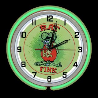 19 " Rat Fink Rat Rod Sign Double Green Neon Clock Man Cave Bar Garage Shop