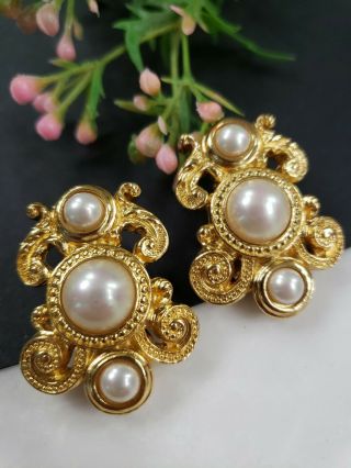 Vintage Signed Christian Dior Gold Brushed Faux Pearls Earrings Clip On 1.  5 " T