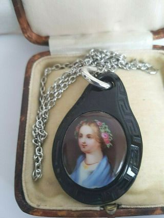 Antique Victorian Whitby Jet Painted Cameo Pendant On Silver Chain Goth Mournin