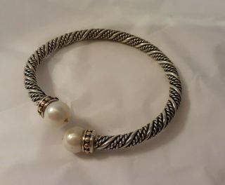 Designer Signed 18k Gold & Sterling Silver Real Pearl Bracelet