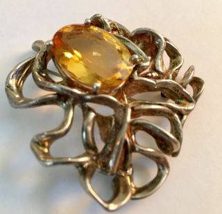 Citrine Very Large Set Into Very Heavy Form Sterling Silver Brooch Signed