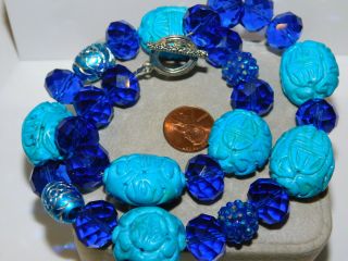 Chunky Cobalt Blue Glass Chinese Turquoise Shou Bead 20 " Necklace 10k 5