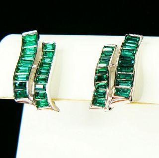 Crown Trifari Earrings Invisibly Set Emerald Green Rhinestones Rhodium Backs