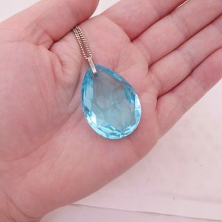 Silver Huge Faceted Blue Stone Art Deco Period Heavy Pendant On Chain,  925