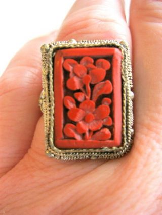 Exquisite Anitque Chinese Sterling Silver Ring Carved Cinnabar Or Red Laquer
