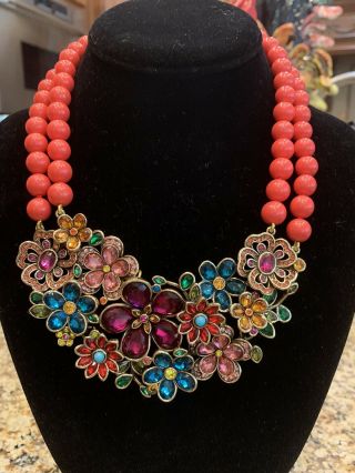 Heidi Daus " Flower Show " Swarovski Crystal Drop Necklace W/coral Beads