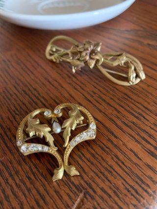 2 Art Nouveau Gold Plate Brass Pearl Pin Brooch Barrett Clip Floral Belle Epoque