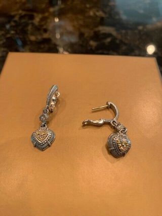 Judith Ripka Two Sterling Silver/18k Gold Diamond Heart Dangle Pierced Earrings