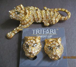 Trifari Pave Rhinestone Gold Tiger Cat Figural Brooch Pin & Earrings