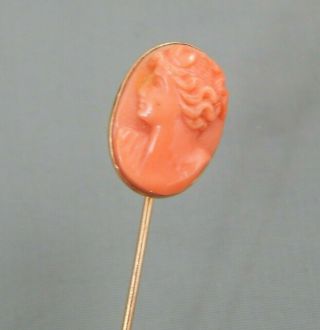 Antique Victorian 14k Yellow Gold Carved Angel Skin Coral Cameo Stick Pin Brooch
