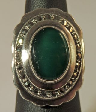 Stunning Estate Sterling Silver Green Chrysoprase Marcasite Art Deco Ring Size 6