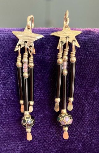 Tabra 14k Gold Fill Celestial Stars Black Onyx & Cloisonne Bead Dangle Earrings