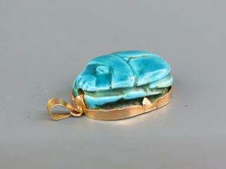 14k Gold Egyptian Carved Pottery Scarab Beetle Pendant