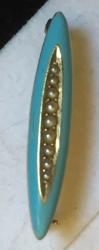Victorian 14k Yellow Gold Blue Enamel Seed Pearl Bar Pin Brooch 1.  6 G Turquoise