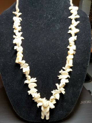 Huge Native American Style Carved Cow Bone Fetish Necklace Bears Birds Animals