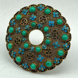 Vintage Chinese Gold Gilt Sterling Silver Enamel & Turquoise Disc Brooch Pin 007