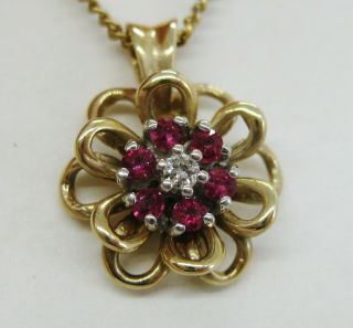 Fine Vintage 14k Yellow Gold Diamond Ruby Rosette Necklace Pendant