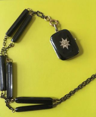 Edwardian Black Enamel Marcasite Locket Black Glass Necklace Art Deco Antique