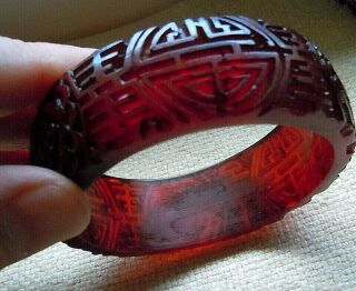 Deco Cherry Amber Bakelite Carved Chinese Shou & Flower Wide Bracelet,  40 Grams