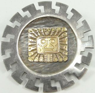 Sterling Silver 18k Yellow Gold Wash Pin Brooch Pendant Sun Face God Peru 2 3/8”