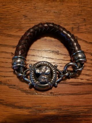 Barry Kieselstein Cord Sterling Silver & Brown Leather Dog Head Bracelet 1996