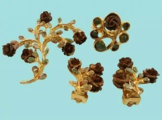 Swoboda Goldtone Nugget Stones Roses Brooch Earrings Ring Set