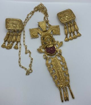 Vintage Marbel Salvador Teran Mexico 14k Gold - Plated Ceramic Mayan Pin Earrings