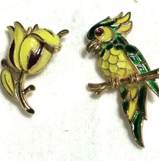 Vintage Crown Trifari Enameled Parrot Brooch & Flower Brooch.  Exquisite