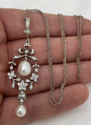 Solid Silver Cultured Pearl Large Art Nouveau Design Pendant On Chain 925
