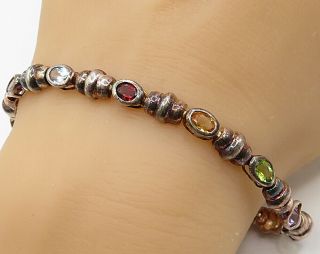 925 Sterling Silver - Vintage Multi - Color Gemstones Tennis Bracelet - B2679