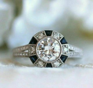 Vintage Art Deco Engagement Retro Sapphire Ring 14k White Gold Over 2 Ct Diamond
