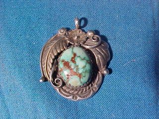 Vintage Navajo Sterling Silver,  Turquoise Feather Design Pendant By D.  Delgarito