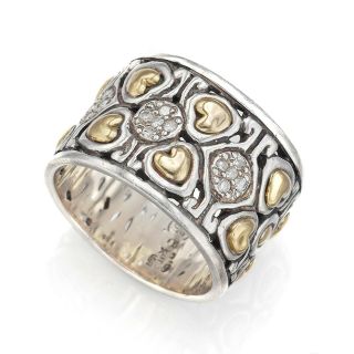 Vintage Sterling Silver & 18k Yellow Gold Diamond Heart Wide Band Ring 10.  6 Gr