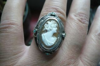 Art Nouveau Shell Cameo,  Turquoise And Italian Silver Poison Ring