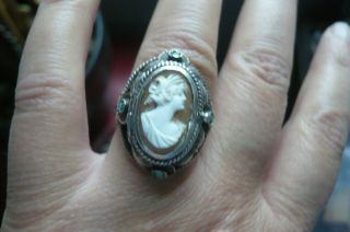 Art Nouveau Shell Cameo,  Turquoise and Italian Silver Poison Ring 2