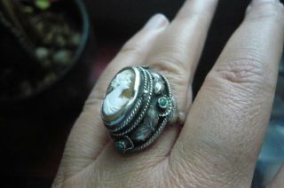 Art Nouveau Shell Cameo,  Turquoise and Italian Silver Poison Ring 3