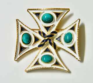 Crown Trifari Large Blue Green Cabochon Maltese Cross Enamel Brooch Pin