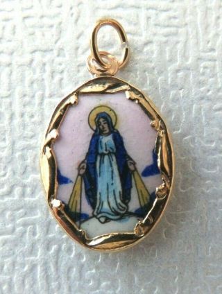 Vtg 14k Gold Porcelain Catholic Miraculous Virgin Mary Medal Charm