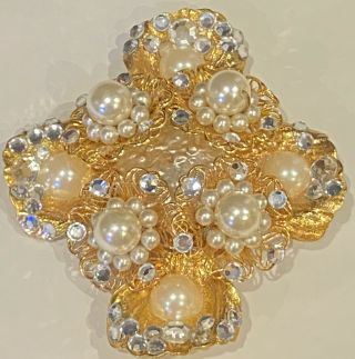 Large Miriam Haskell? Unsigned Baroque,  Seed Pearl Rhinestone Pin / Brooch