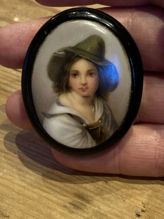 Victorian Hand Painted Porcelain Plaque Brooch With Jet? Back