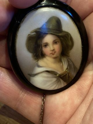 Victorian Hand Painted Porcelain Plaque Brooch With Jet? Back 2