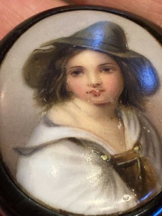 Victorian Hand Painted Porcelain Plaque Brooch With Jet? Back 3