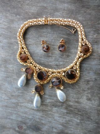 Vintage Chunky Assymetrical Necklace & Clip Earring Set Slag Glass & Faux Pearls