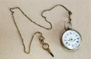 Cuivre Silver 800 Ladies Vintage Pocket Watch W/ Chain And Winder