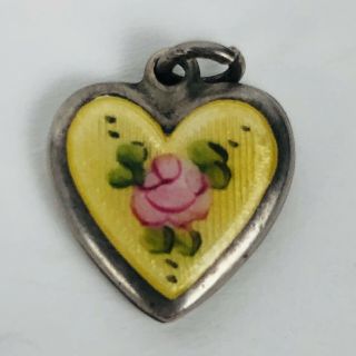 Vintage Sterling Silver Puffy Heart Enamel Guilloche Charm Yellow Pink Rose Sis