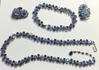 Vintage Crown Trifari Blue Rhinestone Necklace Bracelet Clip Earrings Set Bright