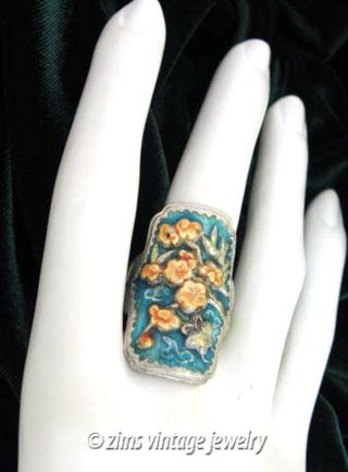 Antique Vintage Chinese Silver Repousse Enamel Floral Blue Gold Orange Long Ring