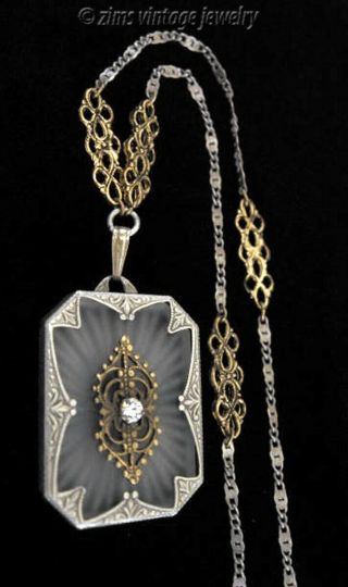 Vintage Old Art Deco Silver Gold Filigree Camphor Glass Crystal Pendant Necklace